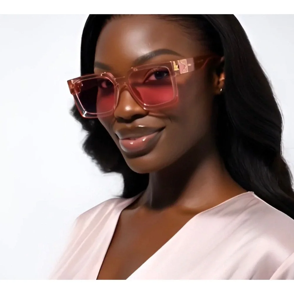 Womens Oversized Square Pink‎ Sunglasses Gold Hardware Transparent Tinted Shades